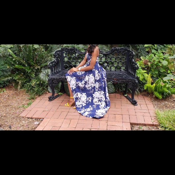 Blue Floral Formal Gown. Size 0. Used. Prom. Wedding. - Picture 2 of 7